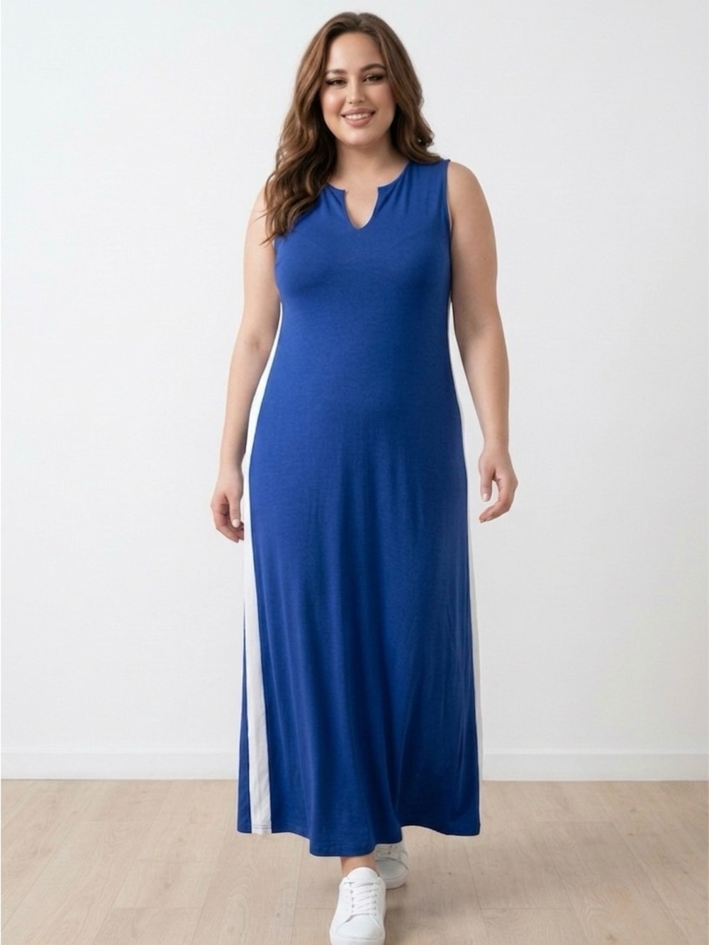 SHEIN Royal Blue Sleeveless Maxi Dress with White Side Stripe